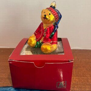 Impuls 4" Teddy Bear with Nightcap Blown Glass Ornament Made in Poland